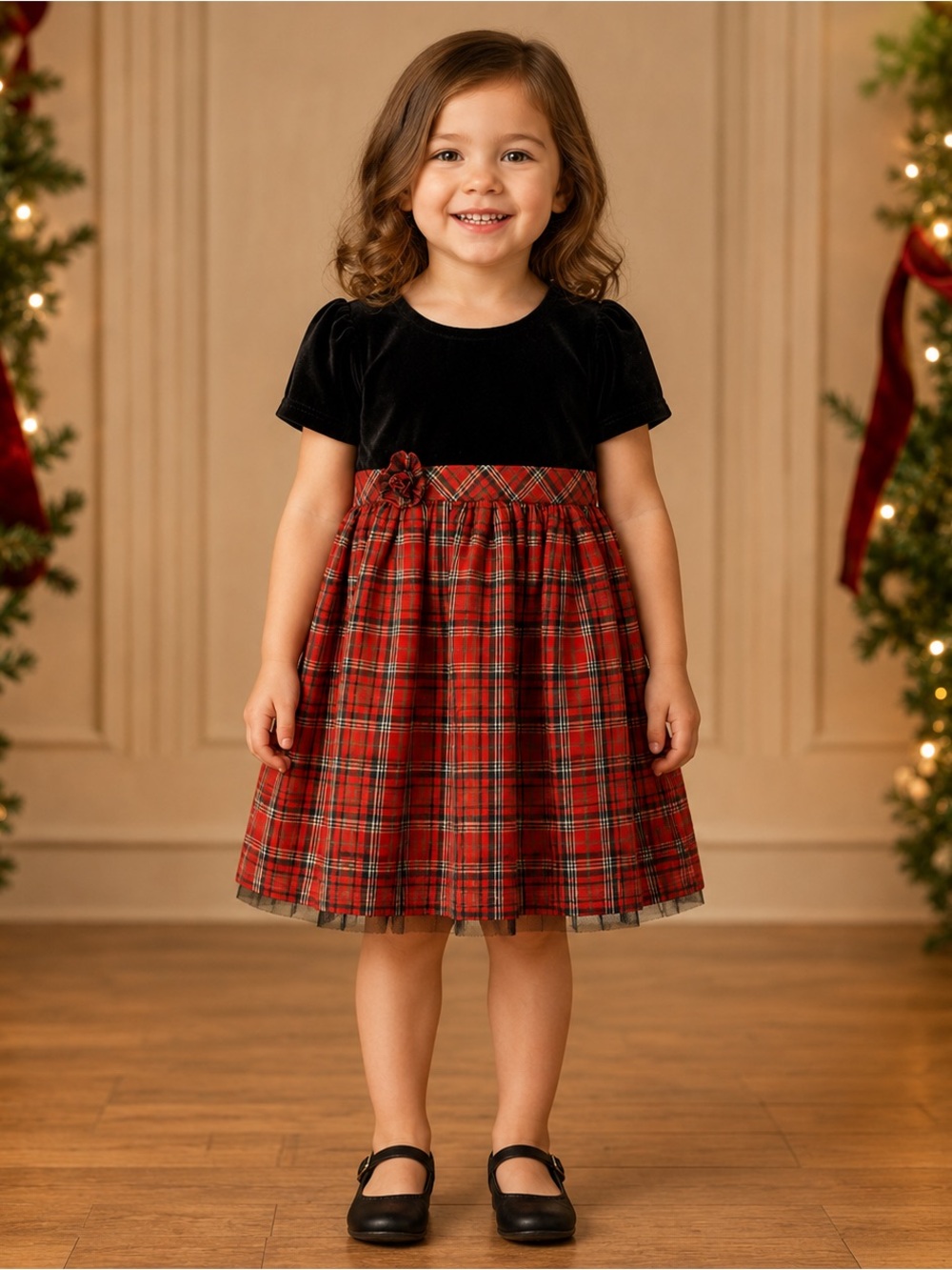 Girl's Black Velvet Top Red Plaid Tulle Skirt Holiday Dress 4T